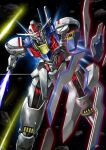  ash_(meiya1216) asteroid beam_saber bit_(gundam) energy_beam energy_sword exhaust funnels_(gundam) gundam gundam_aerial gundam_suisei_no_majo holding holding_sword holding_weapon looking_at_viewer mecha mobile_suit no_humans robot signature solo space star_(sky) sword v-fin weapon 