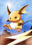  absurdres blue_sky brown_eyes closed_mouth cloud commentary_request day desert dust frown full_body highres motion_blur no_humans outdoors pokemon pokemon_(creature) raichu serious signature sky solo sun twitter_username watagashikn 