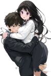  1boy 1girl :d absurdres artist_logo bangs black_hair black_jacket black_skirt blush brown_hair chitanda_eru couple cowboy_shot from_side gakuran grey_background hetero highres hug hyouka jacket kamiyama_high_school_uniform_(hyouka) long_hair long_sleeves mery_(yangmalgage) open_mouth oreki_houtarou purple_eyes school_uniform serafuku shiny shiny_hair shirt short_hair simple_background skirt smile white_shirt 