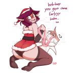  aiko_(giidenuts) anthro avian bird blush bodily_fluids butt christmas christmas_clothing christmas_headwear clothed clothing duo embrace extreme_french_kiss female french_kissing giidenuts headgear headwear hi_res holding_tongue holidays hug human humanoid kissing legwear long_tongue looking_pleasured male male/female mammal penguin rear_view riley_(giidenuts) saliva simple_background size_difference surprise text thigh_highs tongue tongue_out tongue_wrap 