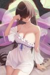  1girl absurdres arm_support bangs bare_shoulders black_hair blue_ribbon branch breasts dress facing_viewer fairy hair_over_eyes highres large_breasts long_bangs long_hair nightgown open_mouth original pointy_ears ribbon see-through_silhouette short_sleeves sitting solo strap_slip very_long_hair wabimochi white_dress 