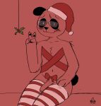  anthro bear butt christmas christmas_clothing christmas_headwear christmas_legwear clothing elponda embarrassed eyewear flaccid genitals gesture giant_panda glasses hat headgear headwear hi_res holidays legwear looking_at_viewer male mammal mistletoe penis plant ponda santa_hat showing_penis simple_background sitting sketch smile solo thick_thighs v_sign wrappings 