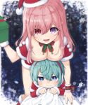  &gt;:( 1boy 1girl age_difference annoyed aqua_hair arm_ribbon bell blue_background blue_eyes border bow bowtie box breast_rest breasts breasts_on_head christmas cleavage clenched_hands closed_mouth earmuffs framed fur-trimmed_headwear fur_trim gift gift_box girl_on_top green_bow green_bowtie hair_between_eyes halftone halftone_background hand_up hat heterochromia highres holding holding_gift holding_sack long_hair lying male_child mistletoe nei_akutsu on_stomach onee-shota open_mouth original os_(os_fresa) pink_hair pointy_ears pom_pom_(clothes) purple_eyes red_armband red_bow red_bowtie red_eyes red_headwear ribbon sack santa_costume santa_hat short_hair smile snowflake_background souta_kandori striped striped_bow striped_bowtie v-shaped_eyebrows 
