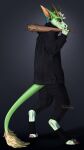  2017 anthro baseball_bat bat_(object) black_bottomwear black_clothing black_hoodie black_pants black_sclera black_topwear blue_hair bottomwear clothed clothing dated famir_(character) full-length_portrait fur green_body green_fur hair hi_res hoodie horn looking_at_viewer male multicolored_hair pants portrait red_hair ridged_horn riorix signature simple_background smile smirk solo standing topwear white_hair yellow_eyes yellow_horn 