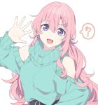  1girl :d aqua_sweater bare_shoulders blue_eyes breasts hair_between_eyes hand_up highres kazenoko low_twintails medium_breasts multiple_hairpins open_mouth original pink_hair smile solo sweater turtleneck turtleneck_sweater twintails upper_body white_background 