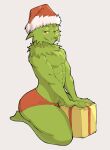  abs anthro christmas christmas_clothing christmas_headwear christmas_present clothing dr._seuss green_body grin grinch hat headgear headwear hi_res holidays how_the_grinch_stole_christmas! humanoid jrjresq male mostly_nude pecs red_eyes santa_hat smile solo underwear yellow_sclera 