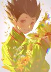  1boy black_hair brown_eyes commentary commentary_request feitian5575 flower gon_freecss green_jacket highres hunter_x_hunter jacket male_child male_focus simple_background smile solo spiked_hair teeth white_background 