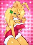  &lt;3 2022 5_fingers anthro big_breasts blonde_hair breasts christmas christmas_clothing cleavage clothed clothing dress female fingers fur green_eyes hair half-closed_eyes hi_res holidays jamoart katie_(jamoart) lagomorph leporid looking_at_viewer mammal narrowed_eyes open_mouth rabbit red_clothing red_dress ribbons scut_tail short_tail solo thick_thighs yellow_body yellow_fur 