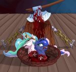  axe basket blood bodily_fluids chopping_block container crown death decapitation duo equid equine execution female friendship_is_magic gore hasbro hi_res horn horse mammal melee_weapon my_little_pony open_mouth pony princess_celestia_(mlp) princess_luna_(mlp) royalty severed_head unknown_artist weapon winged_unicorn wings 