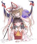  2girls ;) ascot black_hair blonde_hair bow closed_mouth commentary detached_sleeves frilled_hair_tubes frills gap_(touhou) gloves gohei hair_between_eyes hair_tubes hakurei_reimu hand_on_another&#039;s_head hat hat_ribbon head_on_head head_rest head_tilt highres holding holding_gohei korean_commentary long_hair looking_down looking_up medium_hair multiple_girls one_eye_closed parted_lips red_bow red_eyes red_ribbon red_vest ribbon ribbon-trimmed_sleeves ribbon_trim sidelocks simple_background smile touhou very_long_hair vest white_background white_gloves white_headwear white_sleeves yakumo_yukari yellow_ascot yuggug 