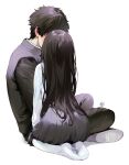  1boy 1girl artist_logo ass bangs black_hair blush chitanda_eru ear_blush hetero highres hyouka implied_kiss kamiyama_high_school_uniform_(hyouka) kneehighs kneeling long_hair long_sleeves mery_(yangmalgage) no_shoes oreki_houtarou school_uniform seiza serafuku shiny shiny_clothes shiny_hair shirt short_hair signature sitting skirt socks soles straight_hair white_background 