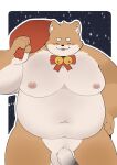  2022 anthro balls belly big_belly blush canid canine canis domestic_dog eyes_closed genitals haoming hi_res humanoid_genitalia humanoid_hands humanoid_penis kemono male mammal moobs nipples overweight overweight_male penis solo 