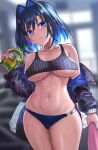  1girl bangs black_buruma black_hair black_jacket blue_eyes blue_hair blurry blurry_background breasts buruma cleavage closed_mouth crop_top cup english_commentary freeze-ex glaring gym_uniform hair_intakes highres holding holding_cup hololive hololive_english indoors jacket large_breasts looking_at_viewer navel ouro_kronii short_hair solo subway_(company) sweat underboob v-shaped_eyebrows virtual_youtuber 