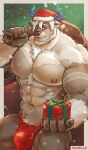  abs absurd_res anthro bigfoot_(tas) blep blush bovid bovine brown_body brown_fur bulge cattle chizo67 christmas christmas_clothing christmas_headwear clothing fur gift hair hat headgear headwear hi_res holidays horn lifewonders male mammal muscular muscular_anthro muscular_male nipples pecs santa_hat solo thong tokyo_afterschool_summoners tongue tongue_out underwear white_hair 