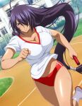  1girl antenna_hair bare_arms bouncing_breasts breasts buruma cleavage closed_mouth collarbone day dutch_angle floating_hair grey_eyes gym_uniform hair_over_one_eye holding ikkitousen kan&#039;u_unchou large_breasts long_hair low-tied_long_hair midriff outdoors purple_hair red_buruma running shiny shiny_hair shiny_skin socks solo sportswear stomach very_long_hair white_socks 