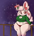  alcremie anthro bedroom_eyes big_breasts big_ears breasts christmas cleavage cleavage_cutout clothed clothing curvy_figure eeveelution female food food_creature fruit generation_6_pokemon generation_8_pokemon glaze_(sneavile) half-closed_eyes hi_res holidays hybrid keyhole_clothing leaning leaning_back looking_at_viewer mistletoe narrowed_eyes navel nintendo outside panties pantsless pink_body plant pokemon pokemon_(species) pseudo_hair red_eyes ribbons seductive short_stack slightly_chubby slightly_chubby_anthro slightly_chubby_female smile sneavile snow solo strawberry sweater sylveon thick_thighs tight_clothing tight_topwear topwear underwear voluptuous wide_hips winter 