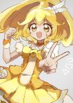  1girl bangs blonde_hair bow choker cure_peace hair_flaps highres kamogawa140 kise_yayoi long_hair magical_girl one-hour_drawing_challenge pouch precure skirt smile smile_precure! solo v wide_ponytail yellow_bow yellow_choker yellow_eyes yellow_skirt yellow_theme 