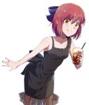  1girl :q absurdres azami_masurao back_bow bangs bare_arms black_bow black_dress blue_bow bow breasts closed_mouth collarbone dress drinking_straw hair_between_eyes hair_bow highres holding kohaku_(tsukihime) leaning_forward medium_hair red_hair shiny shiny_hair simple_background sleeveless sleeveless_dress small_breasts solo standing tongue tongue_out tsukihime white_background yellow_eyes 
