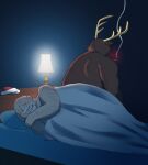  2022 anthro bed bedding blanket blush capreoline christmas deer duo eyes_closed furniture hi_res holidays human human_on_anthro interspecies kemono kick_(artist) lying male male/male mammal overweight overweight_male reindeer rudolph_the_red-nosed_reindeer santa_claus sitting smoking 