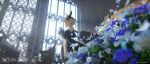  1girl alternate_costume bangs bare_shoulders bench black_choker black_dress black_flower blonde_hair blurry blurry_foreground bouquet choker church commentary_request detached_sleeves dress feather_hair_ornament feathers flower frilled_dress frills from_side genshin_impact hair_ornament holding holding_bouquet holding_flower link looking_ahead lumine_(genshin_impact) pottsness ribbon short_hair solo solo_focus watermark window yellow_eyes 