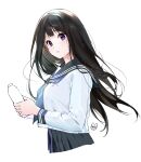  1girl black_hair black_sailor_collar black_skirt blue_neckerchief bottle chitanda_eru highres holding holding_bottle hyouka long_hair long_sleeves looking_at_viewer mery_(yangmalgage) neckerchief purple_eyes sailor_collar school_uniform serafuku shirt simple_background skirt solo white_background white_shirt 