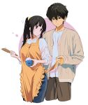  1boy 1girl apron black_hair blush bowl breasts chitanda_eru collarbone couple denim green_eyes hetero highres hyouka jeans long_sleeves mery_(yangmalgage) oreki_houtarou pants ponytail purple_eyes rice rice_bowl simple_background white_background wooden_spoon 