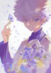  1boy blue_eyes commentary commentary_request feitian5575 flower highres hunter_x_hunter killua_zoldyck long_sleeves looking_at_viewer male_child male_focus short_hair simple_background smile solo spiked_hair turtleneck white_hair 