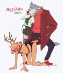  anthro bdsm beastars bell bell_collar canid canine canis capreoline christmas christmas_clothing clothing collar deer dilfosaur embarrassed female group harness haru_(beastars) holidays humiliation kissing lagomorph legoshi_(beastars) leporid louis_(beastars) love male male/female mammal petplay public rabbit reindeer roleplay shaking standing_on_back trio wolf 