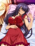  1girl antenna_hair bare_arms bedroom breasts cleavage closed_mouth cowboy_shot dress from_above grey_eyes hair_over_one_eye ikkitousen indoors kan&#039;u_unchou large_breasts long_hair looking_at_viewer lying multi-strapped_panties nightgown on_back on_bed orange_ribbon panties pillow purple_hair red_dress ribbon see-through see-through_dress shiny shiny_hair shiny_skin short_dress side-tie_panties sleeveless sleeveless_dress smile solo underwear very_long_hair 
