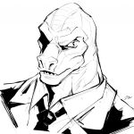  anthro black_and_white black_tie_(suit) clothing guide_lines hi_res looking_at_viewer male monochrome reptile scalie simple_background sketch sketch_page sollyz solo suit teeth teeth_showing the_dungeon_of_black_company wanibe white_background 