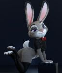  2022 3d_(artwork) anthro bent_over blue_background bottomless bow_tie claws clothed clothing crossed_ankles digital_media_(artwork) disney eyebrows eyelashes feet female fingers fur grey_body grey_fur hi_res judy_hopps knees_together lagomorph legs_together legwear leporid long_ears looking_at_viewer lying mammal melo mostly_nude multicolored_body multicolored_ears multicolored_fur on_front pink_nose purple_eyes rabbit scut_tail short_tail simple_background smile solo stockings thigh_highs toe_claws toes topwear white_body white_fur zootopia 
