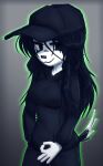  5_fingers anthro black_body black_fur black_hair black_nose black_pupils bottomwear breasts bridgette_(thighlordash) canid canine canis clothing denim denim_clothing dipstick_tail domestic_dog eyelashes female fingers floppy_ears fur gesture gradient_background green_glow grey_background grey_eyes hair hat headgear headwear hi_res hoodie hunting_dog jeans long_hair looking_at_viewer mammal markings multicolored_body multicolored_fur ok_sign pants portrait pupils simple_background smile solo standing tail_markings terrier thighlordash three-quarter_portrait topwear two_tone_body two_tone_fur white_body white_fur 