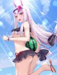  1girl :d animal_ears ass azur_lane beach bikini bikini_skirt black_bikini black_bow black_hairband bow breasts day flower food frilled_bikini frills from_behind from_below from_side fruit hair_bow hair_flower hair_ornament hairband hakamaboooots hand_up happy highres holding holding_food holding_fruit leg_up long_hair looking_at_viewer looking_back melon midriff ocean outdoors rabbit_ears rabbit_girl rabbit_hair_ornament sandals shimakaze_(azur_lane) shimakaze_(the_island_wind_rests)_(azur_lane) small_breasts smile solo sunlight swimsuit teeth underboob upper_teeth_only very_long_hair white_hair yellow_eyes 