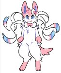  anthro bag_of_lewds blue_body blue_eyes blue_fur blue_sclera canid canine digitigrade eeveelution feral fur generation_6_pokemon gloves_(marking) hair hi_res leg_markings mammal markings multicolored_body multicolored_fur nintendo paws pink_body pink_fur pink_hair pink_tail pokemon pokemon_(species) ribbons ribbons_(anatomy) smile socks_(marking) solo standing sylveon two_tone_body two_tone_fur white_body white_fur 