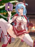  1girl :p arm_behind_back arm_support azur_lane blue_hair blush breast_cutout breasts capelet christmas_present christmas_tree clothing_cutout commentary_request dress fake_antlers fire frilled_dress frills full_body fur-trimmed_dress fur-trimmed_sleeves fur_trim gift hakamaboooots hand_up head_tilt high_heels highres holding holding_gift indoors knee_up legs legs_apart long_hair maid_headdress medium_breasts navel neptune_(azur_lane) neptune_(princess_of_the_reindeers)_(azur_lane) no_bra one_knee panties red_capelet see-through short_dress skindentation smile solo spread_legs squatting thighs tongue tongue_out two-tone_dress underboob underboob_cutout underwear upskirt very_long_hair white_panties wrist_bow yellow_eyes 