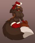  ailurid anthro bag bell bell_collar big_breasts big_tail breasts brown_body brown_fur christmas christmas_clothing christmas_headwear christmas_stocking clothed clothing collar dipstick_tail female fluffy fluffy_tail fur gloves handwear hat headgear headwear hi_res holidays looking_at_viewer mammal markings nipples panties red_panda santa_hat smile solo starfighter tail_markings topless underwear 