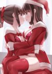  2girls black_hair bottomless breasts christmas french_kiss hat highres hug kamakama_(kdmorh_kamakama) kiss long_hair merry_christmas multiple_girls original saliva saliva_trail santa_costume santa_hat sitting sitting_on_person tongue tongue_out yuri 