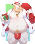  2022 anthro asgore_dreemurr belly big_belly blush bovid bovine bulge christmas christmas_clothing christmas_headwear clothing gift hat headgear headwear hi_res holidays male mammal moobs navel nipples o-ro overweight overweight_male santa_claus santa_hat solo undertale_(series) underwear 