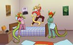  2017 absurd_res anthro bed bedroom blue_eyes breasts clothed clothing dazed domestic_cat dragon dragonkai eyes_closed felid feline felis female fur furniture grin group hair hi_res kai_(twin_dragons) kaya_(twin_dragons) lamp male mammal orange_hair pajamas pillow plantigrade pupils rajak_(rajak) red_hair slit_pupils smile trio twin_dragons_(webcomic) yellow_body yellow_eyes yellow_fur 