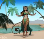  2022 4_toes 5_fingers anthro beach black_hair breasts clothed clothing day detailed_background digital_media_(artwork) eyebrows eyelashes feet felid female fingers hair kittydee lion mammal midriff navel outside pantherine sand seaside sky smile toes water 