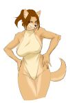  5_fingers absurd_res anthro armpit_hair big_breasts black_nose body_hair breasts brown_body brown_fur canid clothing crotch_tuft elbow_tuft female fingers fur hair hair_over_eye hands_on_hips hi_res huge_breasts inner_ear_fluff leon_kim leotard long_hair mammal nipple_outline one_eye_obstructed ponytail portrait red_eyes simple_background smile solo standing teeth thick_thighs three-quarter_portrait toothy_smile tuft white_background wide_hips 