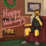  anthro armchair beverage chair christmas clothing english_text facial_hair fireplace footwear furniture fuze fuzeyeen hi_res holding_beverage holding_object holidays hyena male mammal mustache pantsless robe sitting slippers socks solo spotted_hyena text 