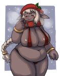  anthro areola belly big_belly big_breasts bikini blush bodily_fluids border bracelet breasts brown_body brown_fur clothed clothing eyes_closed female fur glistening glistening_breasts hair hat headgear headwear hi_res holly_(plant) huge_breasts jewelry navel open_mouth outside_border overweight overweight_female pattern_clothing plaid plaid_clothing plant ponytail portrait scarf simple_background skimpy snow solo sweat sweatdrop swimwear three-quarter_portrait tokumori_kaisen white_border white_hair 
