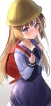  1girl absurdres akikawa_yayoi_(umamusume) backpack bag blonde_hair blush commentary_request hat highres kindergarten_uniform long_sleeves looking_at_viewer multicolored_hair purple_eyes randoseru school_hat school_uniform simple_background solo streaked_hair tracen_school_uniform umamusume white_background white_hair yukimachi_urei 