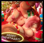  anthro balls big_breasts breasts brown_body brown_fur candy candy_cane capreoline christmas christmas_tree deer dessert food fur genitals gynomorph hi_res holidays intersex mammal nipples penis plant reindeer solo thescarletdragon1 thick_thighs tree 