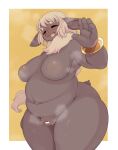  2021 anthro areola belly bloated blush bodily_fluids bracelet breasts brown_body brown_fur censored chef_(tokumori_kaisen) crotch_tuft eyes_closed female fur genitals hair hi_res jewelry mane navel nude open_mouth pussy raised_arm scut_tail short_tail slightly_chubby solo steam sweat tan_hair thick_thighs tokumori_kaisen tuft unknown_species wide_hips 