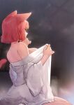  1girl animal_ears breasts cat_ears cat_tail commentary from_side hands_up highres large_breasts lingxia long_sleeves looking_away naked_robe off_shoulder original pink_hair robe short_hair sitting solo symbol-only_commentary tail 