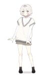  black_footwear blue_eyes blush expressionless full_body hanamura_hinako headband highres kitanai_kimi_ga_ichiban_kawaii knee_blush long_sleeves manio non-web_source shirt skirt socks sweater_vest turtleneck white_background white_hair white_shirt white_socks 