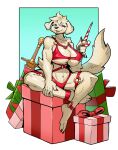  5_fingers 5_toes anklet anthro athletic athletic_anthro athletic_female big_breasts blue_eyes breasts candy candy_cane canid canine canis ceehaz christmas cleavage clothed clothing colored_nails crossed_legs dessert domestic_dog elbow_tuft extremedash eyebrows eyeliner feet female fingers food fur gift great_pyrenees hi_res holding_food holding_object holidays humanoid_feet humanoid_hands jacky_(extremedash) jewelry legband lingerie livestock_guardian_dog makeup mammal melee_weapon molosser mountain_dog nails navel neck_tuft open_mouth open_smile pastoral_dog pawpads raised_eyebrow red_nails sitting smile solo sword thick_thighs toes tuft under_boob weapon white_body white_fur wide_hips 