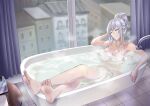  1girl absurdres ak-12_(girls&#039;_frontline) barefoot bath bathroom bathtub closed_eyes completely_nude feet girls&#039;_frontline grey_hair hair_up highres indoors legs long_hair nude partially_submerged soles steam suprii toenails toes water wet window 